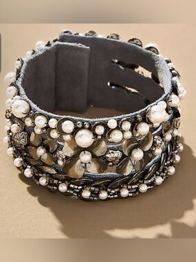 Pearl & Gunmetal Floral Cuff Bracelet - Women Jewelry